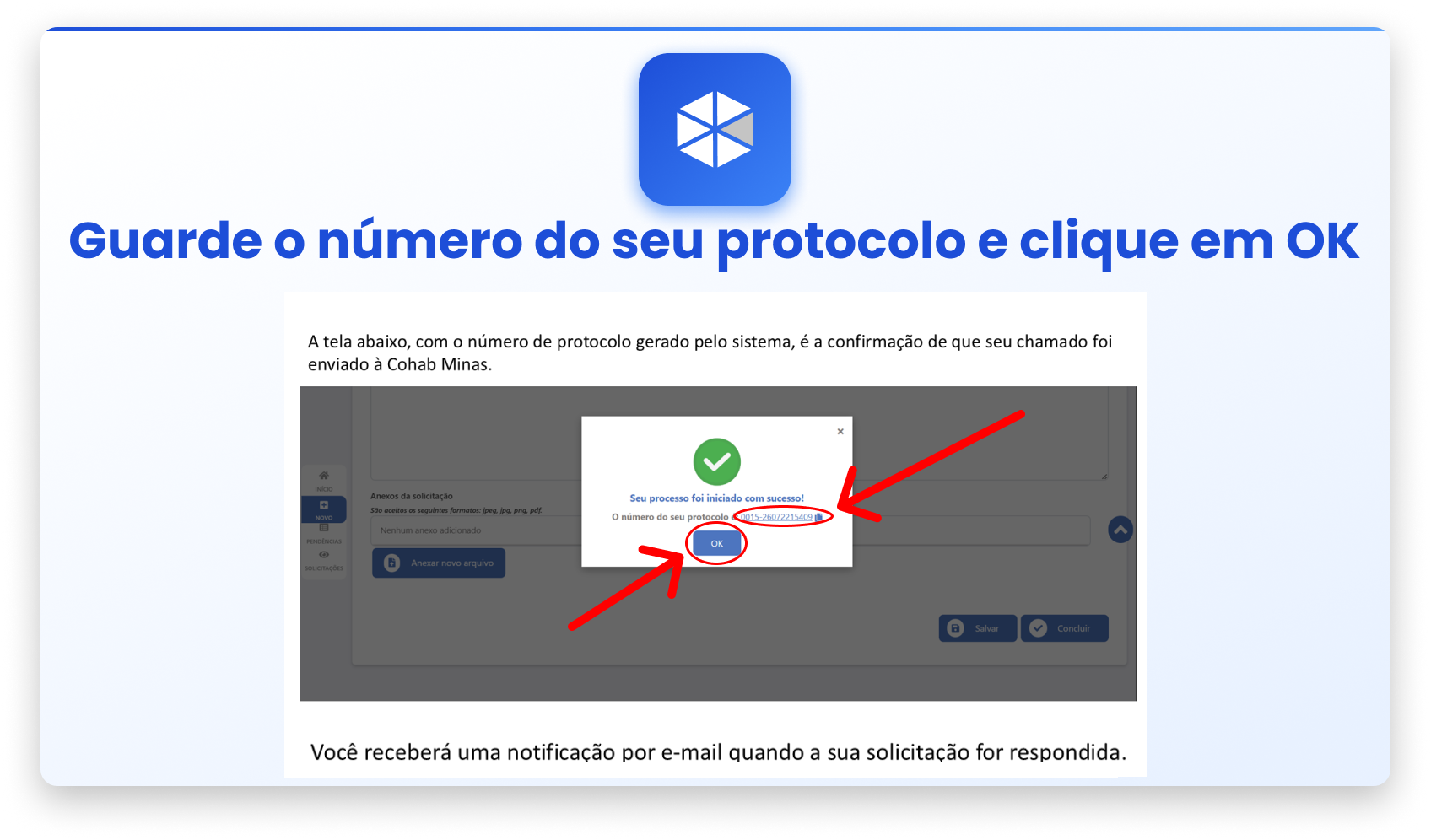 Slide do PowerPoint com número de protocolo e confirmação da solicitação